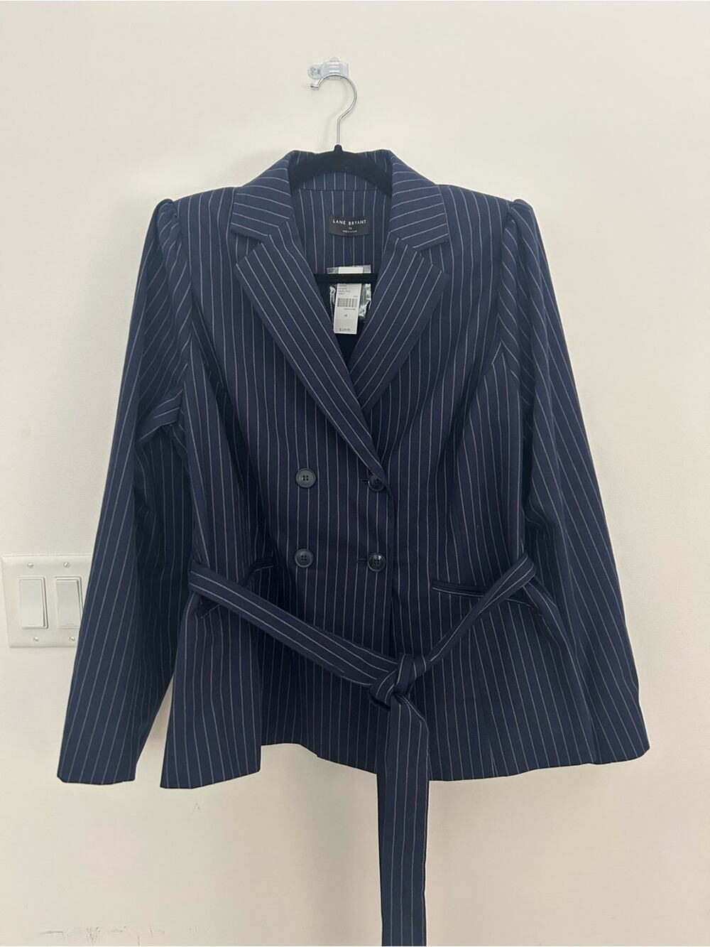 Lane Bryant Womens Size 16 NWT Navy Pinstripe Belted Double Breasted Blazer